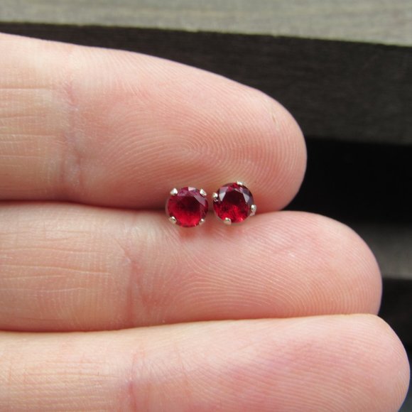 Sterling Silver Very Small Red CZ Stud Earrings - Picture 2 of 6